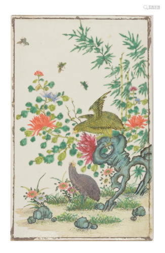 Chinese Famille Rose Plaque with Birds, Republic民國 粉彩花鳥奇石瓷板