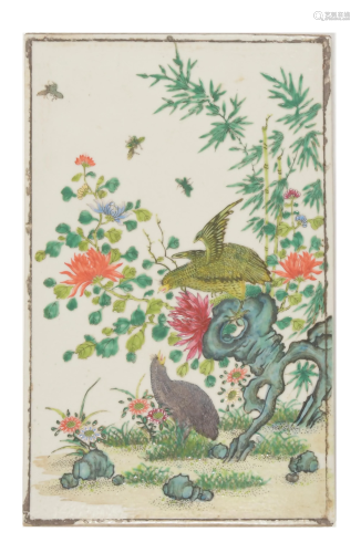 Chinese Famille Rose Plaque with Birds, Republic民國 粉彩花鳥奇石瓷板