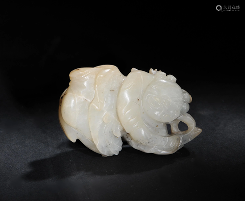 Chinese Jade Carving of Boy & Lotus, Yuan or Ming元代/明代 玉雕童子背荷