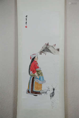 GUAN SHANYUE: INK AND COLOR ON PAPER PAINTING 'ETHNIC MINORITY GIRL'