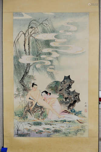 HU YEFO: INK AND COLOR ON PAPER PAINTING 'EROTIC SCENE'