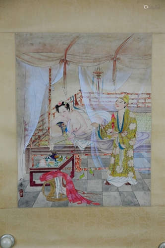 HU YEFO: INK AND COLOR ON PAPER PAINTING 'EROTIC SCENE'