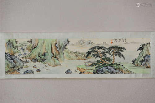 HUANG JUNBI: INK AND COLOR ON PAPER HAND SCROLL 'LANDSCAPE SCENERY'