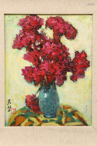 HUANG JUNBI: OIL ON CANVAS PAINTING 'FLOWERS IN VASE'