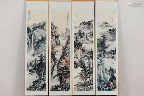 HUANG JUNBI: SET OF FOUR INK AND COLOR ON PAPER PAINTINGS 'LANDSCAPE SCENERY'