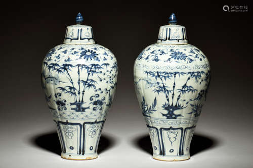 PAIR OF BLUE AND WHITE VASES WITH COVER, MEIPING