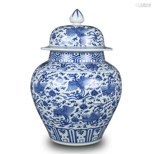 BLUE AND WHITE 'PHOENIX' VASE WITH COVER