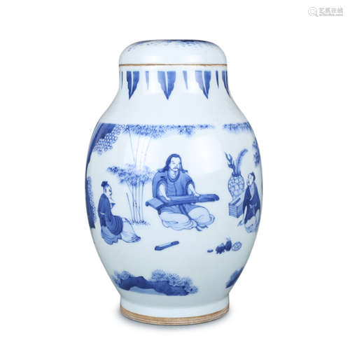 BLUE AND WHITE 'SEVEN SCHOLARS' JAR WITH COVER