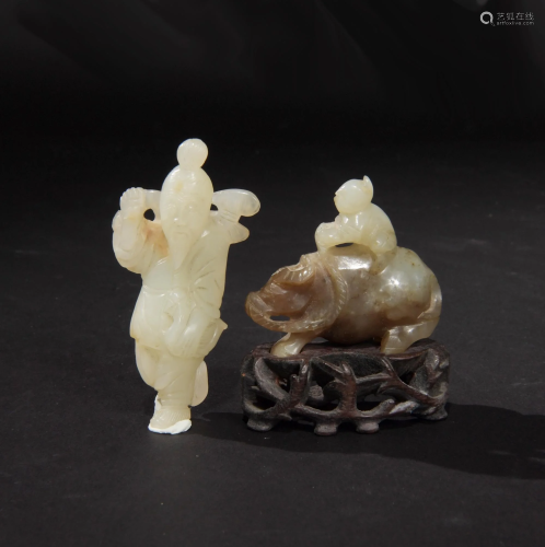 l2 Chinese Jade Carvings of Figures, Ming to Qing明清 玉雕童子牧牛、老人兩件