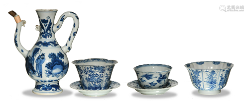 Chinese Blue-and-White Tea Set, Kangxi清康熙 青花執壺/三個杯子/兩個盤子