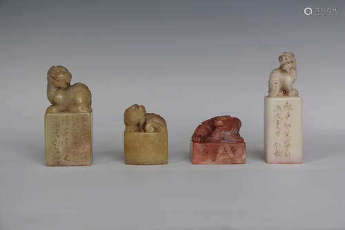 FOUR SHOUSHAN SOAPSTONE CARVED 'MYTHICAL BEAST' STAMP SEALS