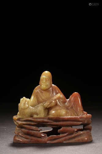 SHOUSHAN SOAPSTONE CARVED 'ARHAT AND TIGER'