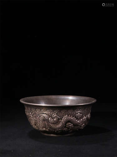 SILVER CAST AND CARVED 'DRAGON AND PHOENIX' BOWL