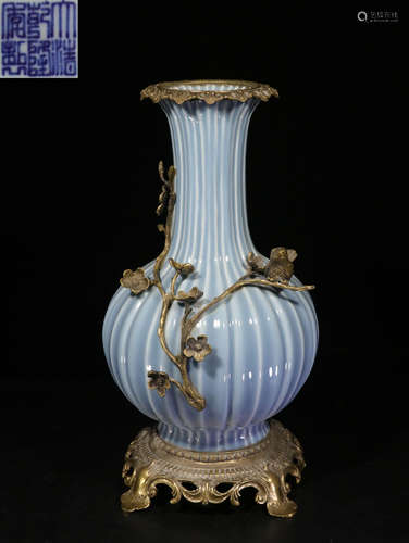 MONOCHROME BLUE AND BRONZE ENCLOSED LOBED VASE