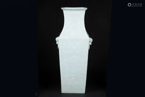 CELADON GLAZED AND CARVED 'FLOWERS' RECTANGULAR VASE WITH HANDLES