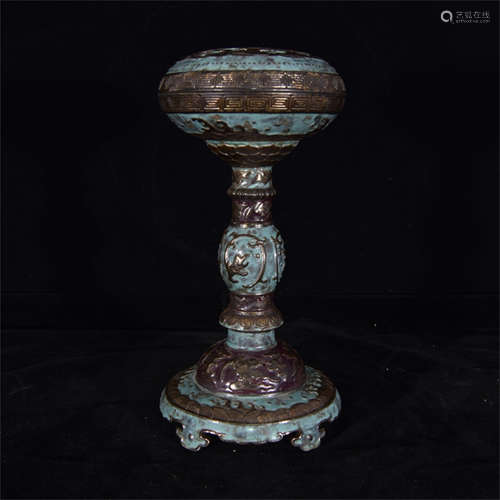 BRONZE CAST AND GLAZED INCENSE BURNER