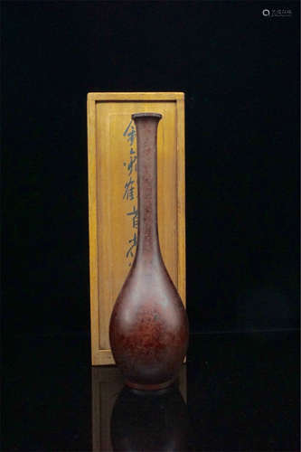 BRONZE CAST 'CRANE' LOBED VASE WITH LONG NECK