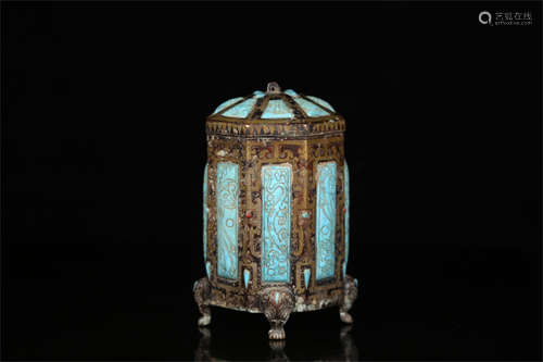 BRONZE CAST AND TURQUOISE CARVED INSET OCTAGONAL VESSEL WITH LID