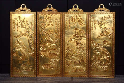 SET OF FOUR GILT BRONZE 'FLOWERS AND BIRDS' HANGING PLAQUES