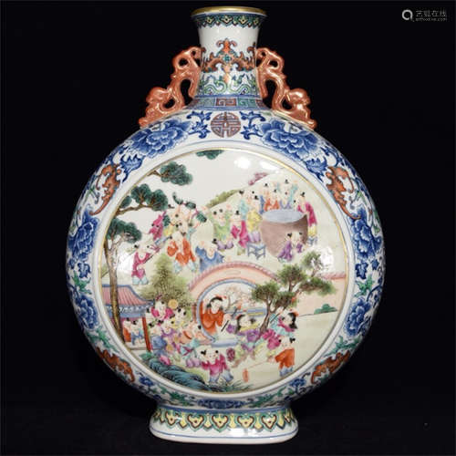 FAMILLE ROSE 'CHILDREN' MOON FLASK WITH HANDLES