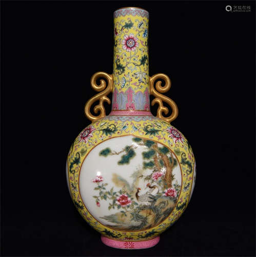 FAMILLE ROSE YELLOW GROUND OPEN MEDALLION 'FLOWERS AND BIRDS' VASE