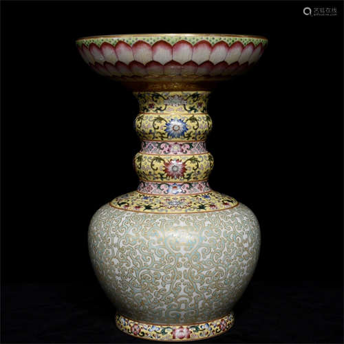 FAMILLE ROSE AND GILT 'FLOWERS AND VINES' LOTUS SHAPED VASE