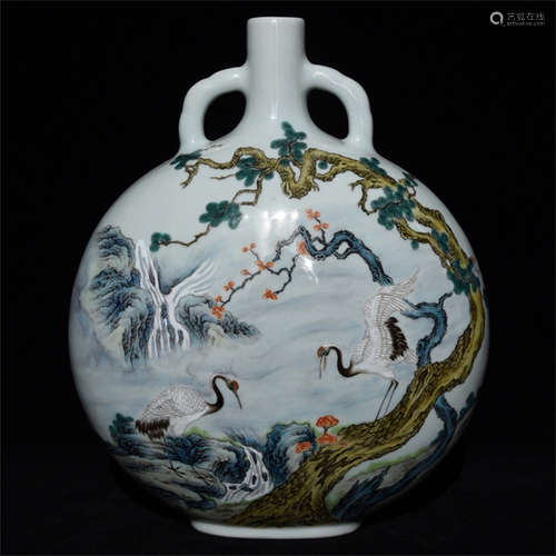 FAMILLE ROSE 'CRANES AND PINE TREES' MOONFLASK