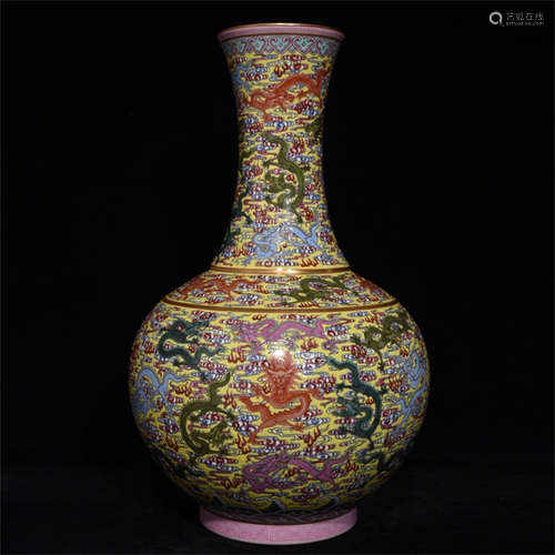 FAMILLE ROSE YELLOW GROUND 'DRAGON' VASE