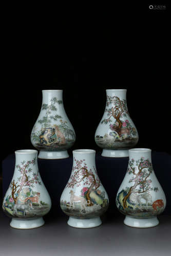 SET OF FIVE FAMILLE ROSE 'DOGS' VASES