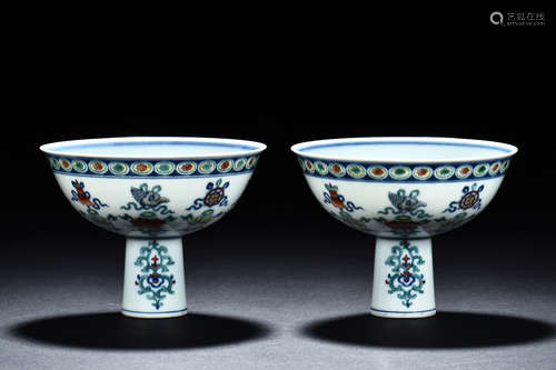 PAIR OF DOUCAI 'EIGHT TREASURES' STEM CUPS