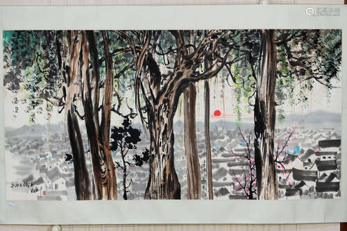 WU GUANZHONG: INK AND COLOR ON PAPER PAINTING 'VILLAGE'