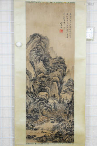 WANG JIAN: INK AND COLOR ON PAPER PAINTING 'LANDSCAPE SCENERY'