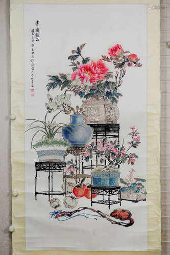 KONG XIAOYU: INK AND COLOR ON PAPER PAINTING 'PEONY FLOWERS'