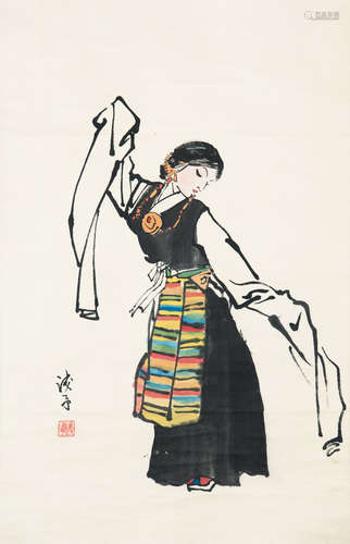 YE QIANYU: INK AND COLOR ON PAPER PAINTING 'ETHNIC GIRL DANCER'