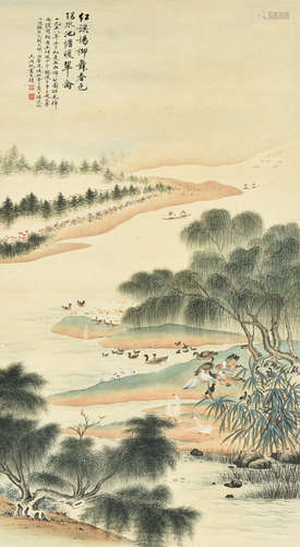 WU HUFAN: FRAMED INK ON PAPER PAINTING 'RIVERSIDE SCENERY'