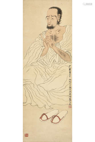 WANG ZHEN: INK AND COLOR ON PAPER PAINTING 'BODHIDHARMA'