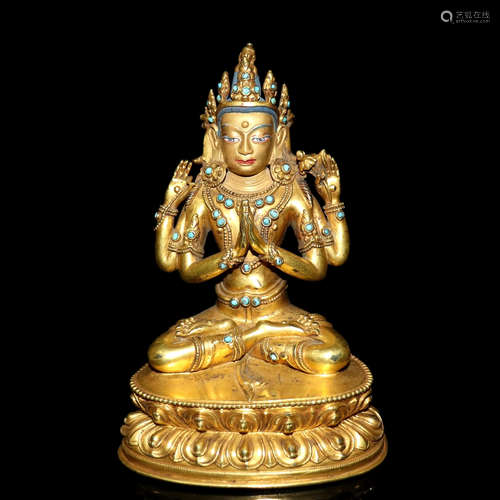 GILT BRONZE CAST 'FOUR ARM AVALOKITESHVARA' SEATED FIGURE