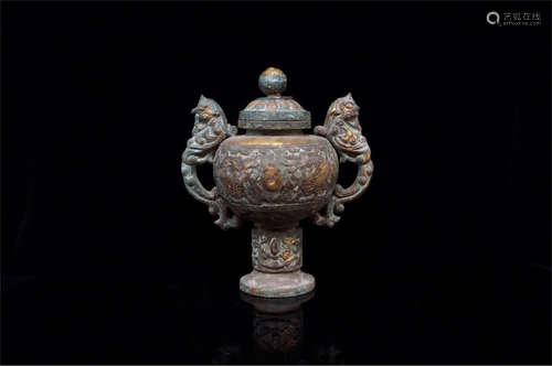 ARCHAIC GILT BRONZE CAST STEMMED CENSER WITH HANDLES AND LID