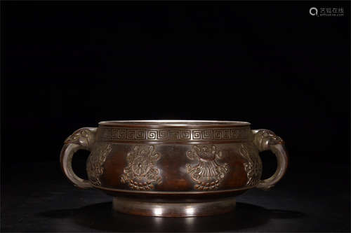 BRONZE CAST 'EIGHT TREASURES' COMPRESSED CENSER WITH HANDLES