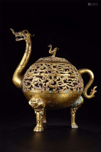 GILT BRONZE CAST 'DRAGON' SHAPED CENSER WITH LID