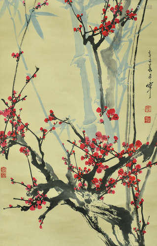 YU XINING: INK AND COLOR ON PAPER PAINTING 'PLUM FLOWERS'