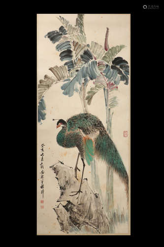 CHENG ZHANG: INK AND COLOR ON PAPER PAINTING 'PEACOCK'