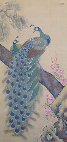 SHUKI OKAMOTO: INK AND COLOR ON SILK PAINTING 'PEACOCK'