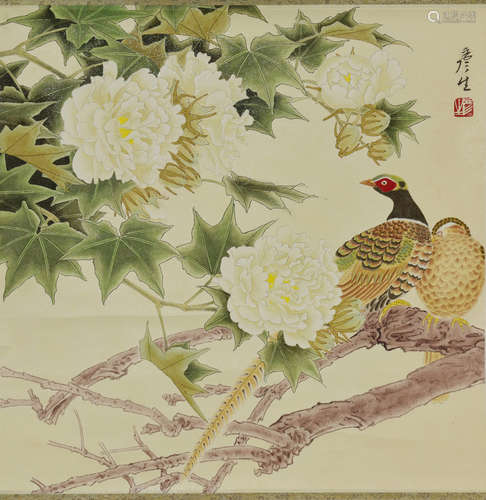 ZHOU YANSHENG: INK AND COLOR ON PAPER PAINTING 'FLOWERS AND BIRDS'