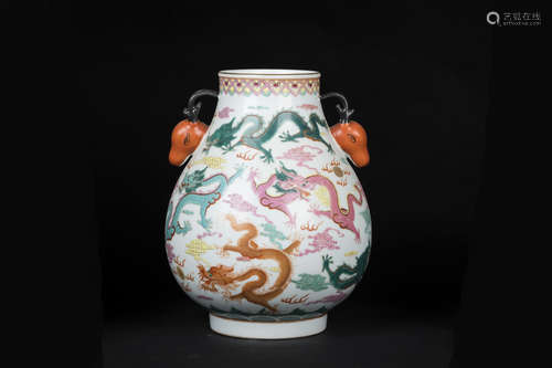 FAMILLE ROSE 'DRAGONS' VASE WITH DEER MASK HANDLES, ZUN