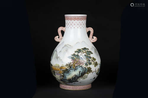 FAMILLE ROSE 'LANDSCAPE SCENERY AND CALLIGRAPHY' VASE, ZUN