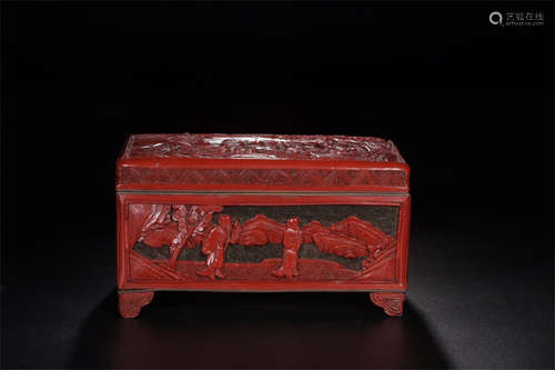 CINNABAR LACQUER CARVED 'SCHOLARS' RECTANGULAR BOX WITH COVER