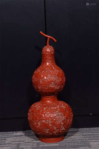 CINNABAR LACQUER CARVED 'FERTILITY' DOUBLE GOURD VASE WITH COVER