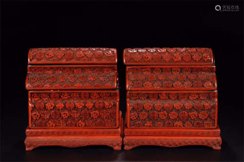 PAIR OF CINNABAR LACQUER CARVED 'SHOU' BOXES WITH COVERS