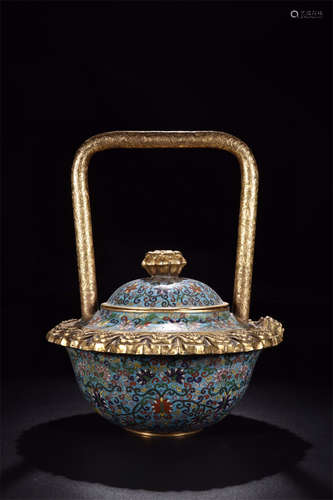 CLOISONNE ENAMELED AND SILVER FILIGREE TEAPOT WITH LIFTING HANDLE